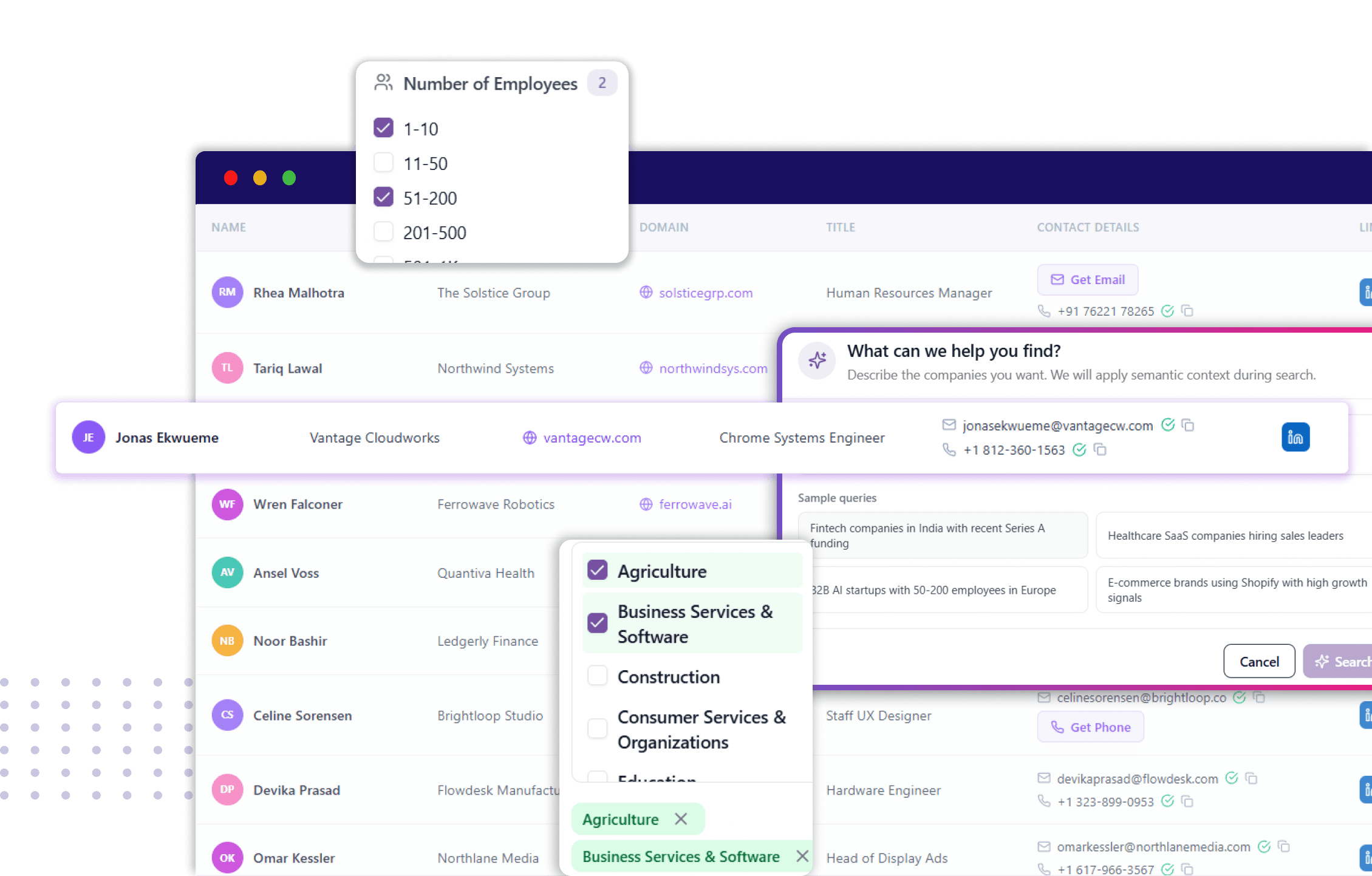 Contact enrichment showing verified phone, email, and LinkedIn data