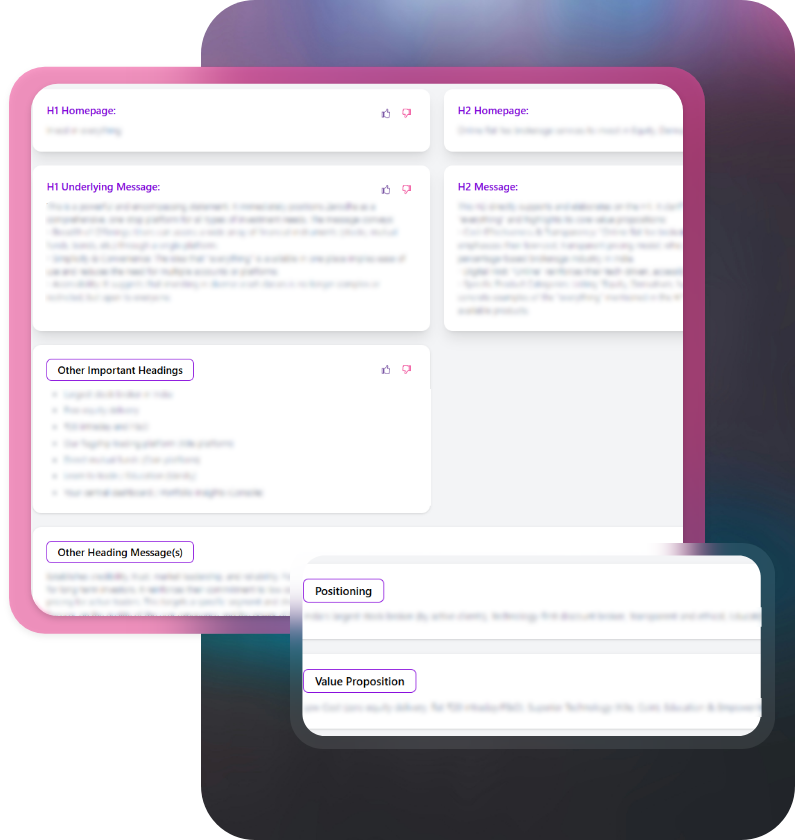 Go-to-market analysis dashboard showing competitor positioning and messaging insights
